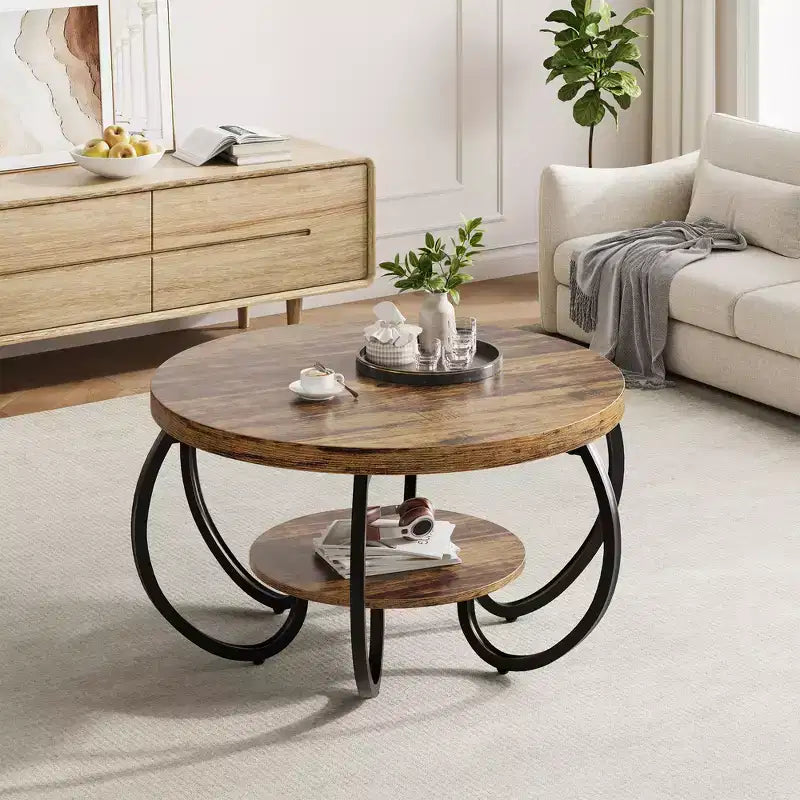 Table basse de ferme ronde avec étagère de rangement, table de salon rustique à 2 niveaux avec pieds métalliques incurvés