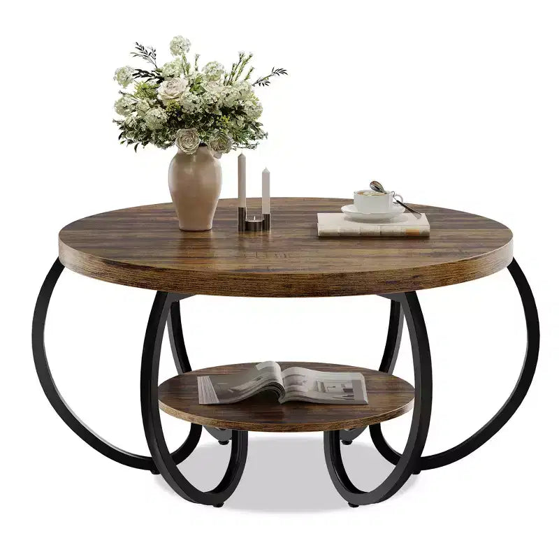 Table basse de ferme ronde avec étagère de rangement, table de salon rustique à 2 niveaux avec pieds métalliques incurvés