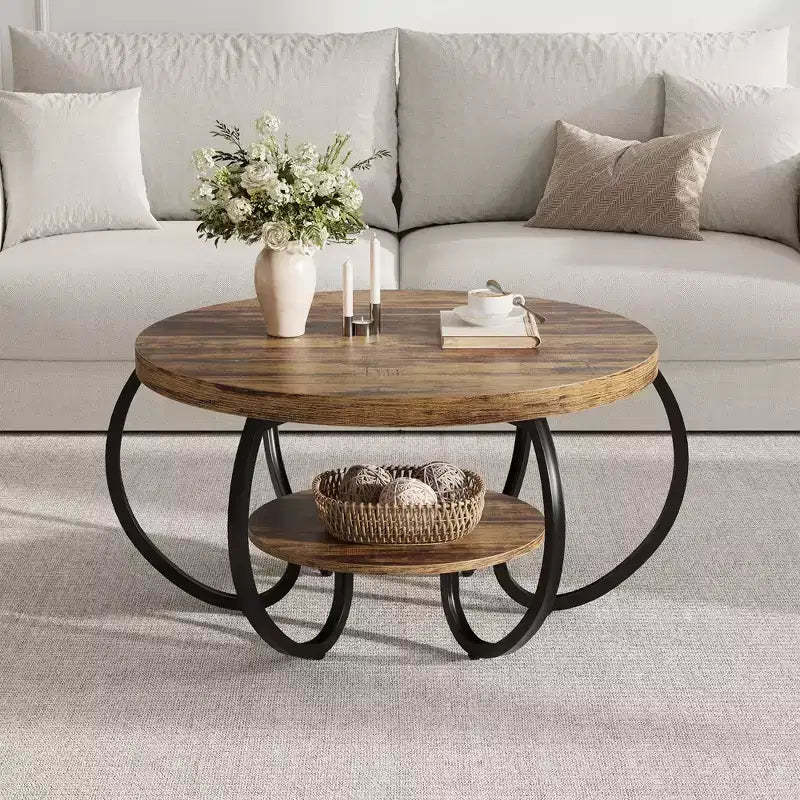 Table basse de ferme ronde avec étagère de rangement, table de salon rustique à 2 niveaux avec pieds métalliques incurvés