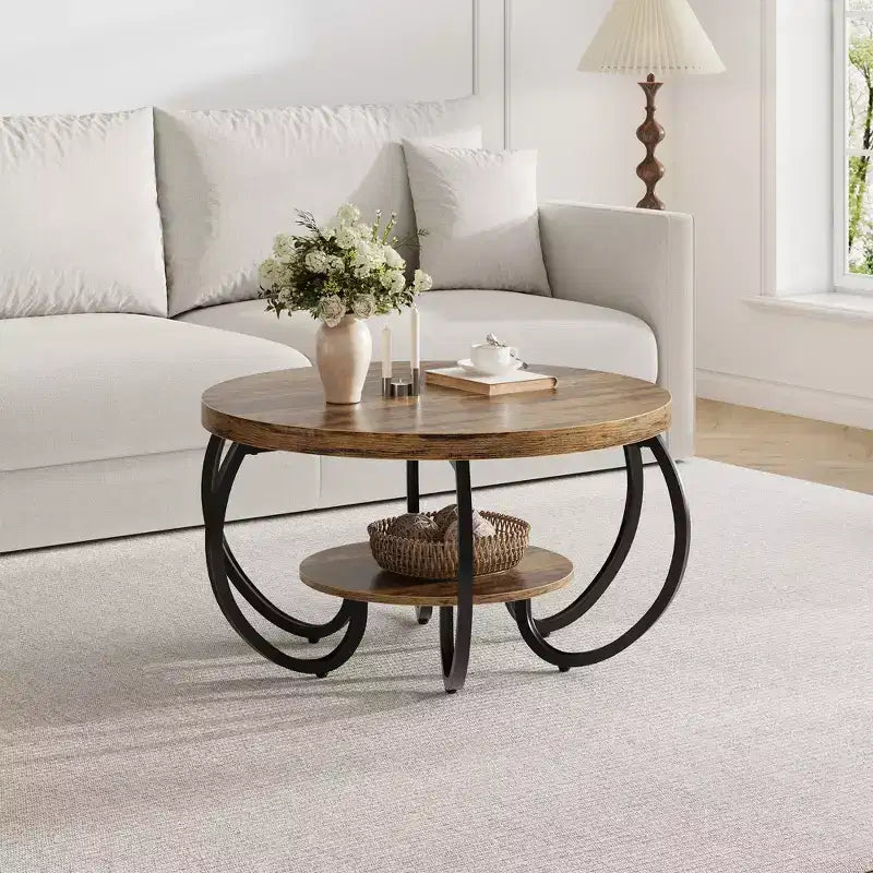 Table basse de ferme ronde avec étagère de rangement, table de salon rustique à 2 niveaux avec pieds métalliques incurvés