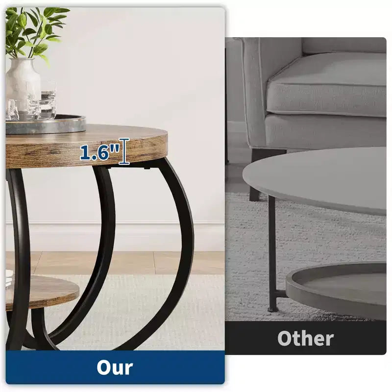 Table basse de ferme ronde avec étagère de rangement, table de salon rustique à 2 niveaux avec pieds métalliques incurvés