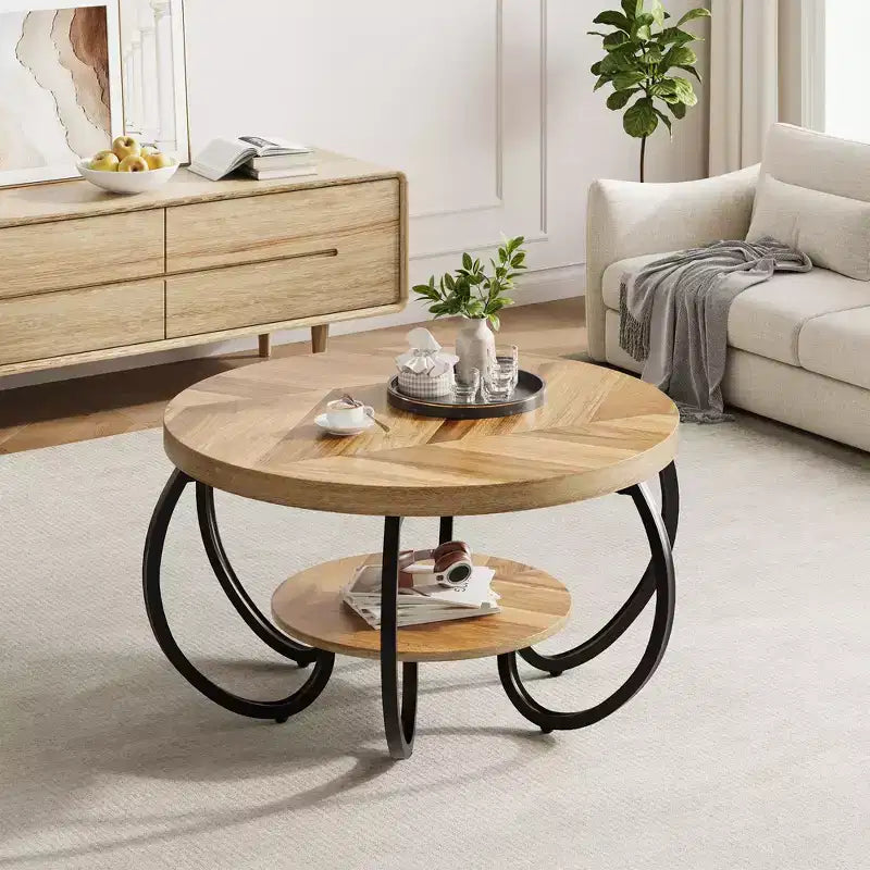 Table basse de ferme ronde avec étagère de rangement, table de salon rustique à 2 niveaux avec pieds métalliques incurvés