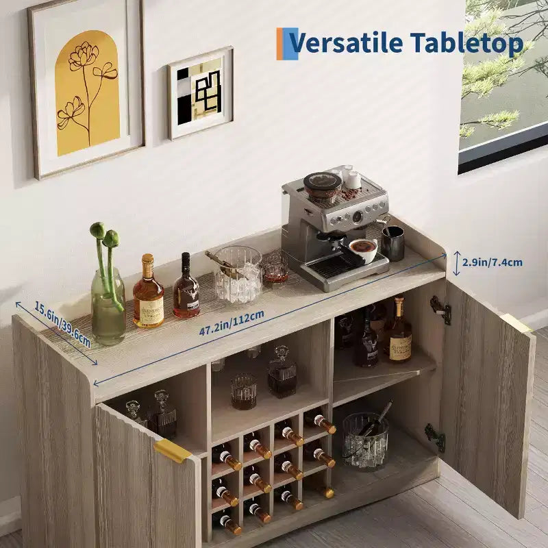 Meuble Bar à Vin avec 9 Supports à Verres, Meuble Bar à Liqueurs/Café Canneleé avec Rangement