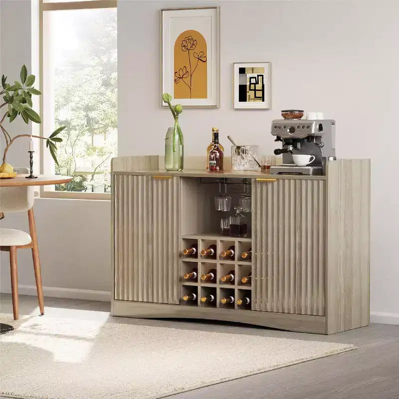 Meuble Bar à Vin avec 9 Supports à Verres, Meuble Bar à Liqueurs/Café Canneleé avec Rangement