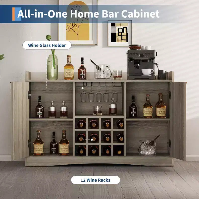 Meuble Bar à Vin avec 9 Supports à Verres, Meuble Bar à Liqueurs/Café Canneleé avec Rangement