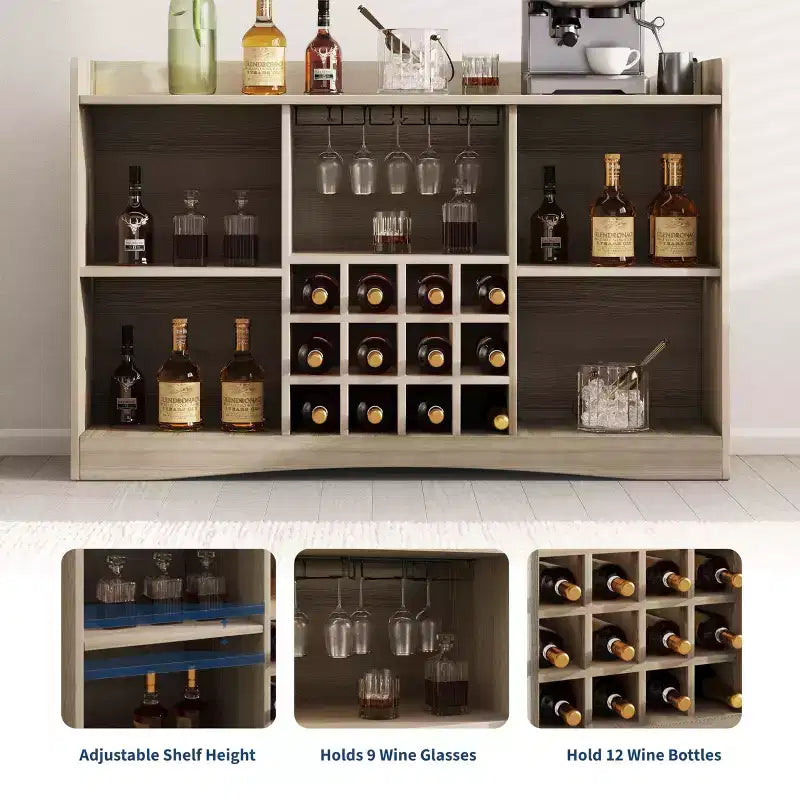 Meuble Bar à Vin avec 9 Supports à Verres, Meuble Bar à Liqueurs/Café Canneleé avec Rangement