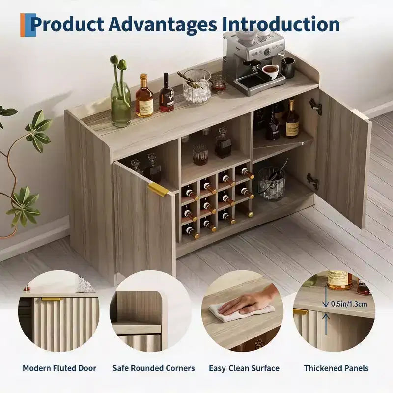 Meuble Bar à Vin avec 9 Supports à Verres, Meuble Bar à Liqueurs/Café Canneleé avec Rangement