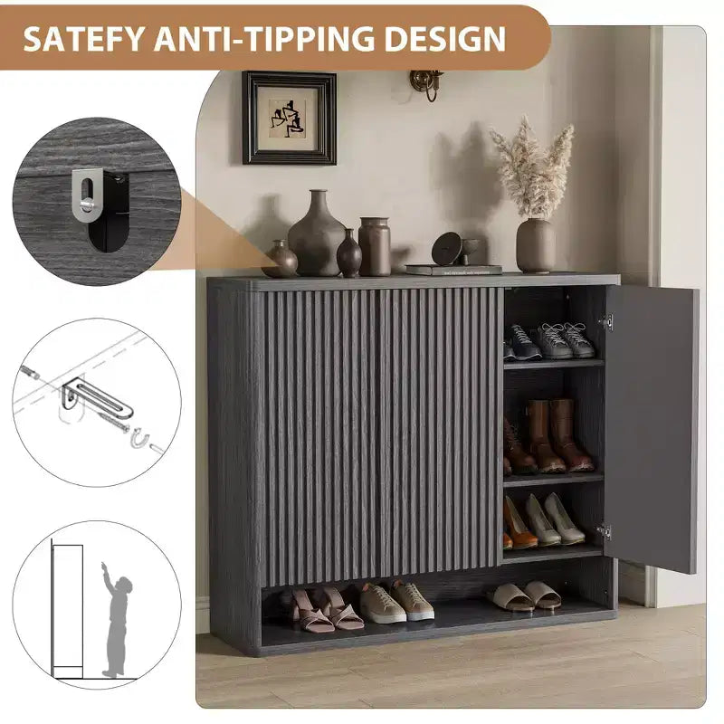 Meuble à chaussures en bois de 117 cm avec porte cannelée - Rangement réglable pouvant contenir 30 à 35 paires pour l'entrée et le salon