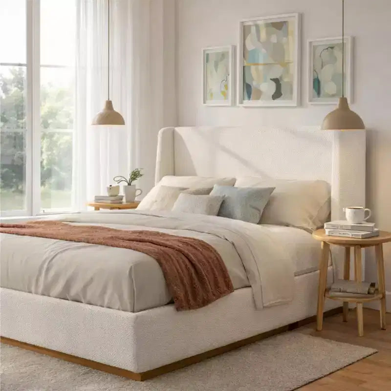 Lit plateforme capitonné de luxe avec tête de lit à oreilles, cadre de lit Queen/King Size avec pieds en bois d'hévéa massif, blanc