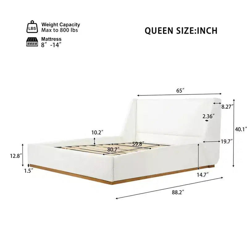 Lit plateforme capitonné de luxe avec tête de lit à oreilles, cadre de lit Queen/King Size avec pieds en bois d'hévéa massif, blanc