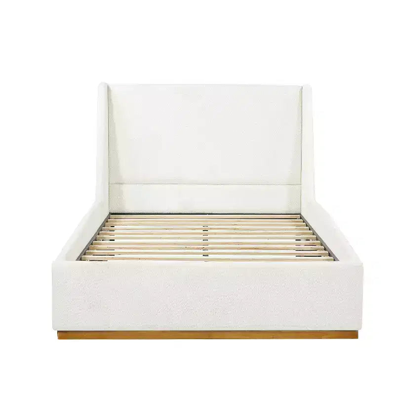 Lit plateforme capitonné de luxe avec tête de lit à oreilles, cadre de lit Queen/King Size avec pieds en bois d'hévéa massif, blanc