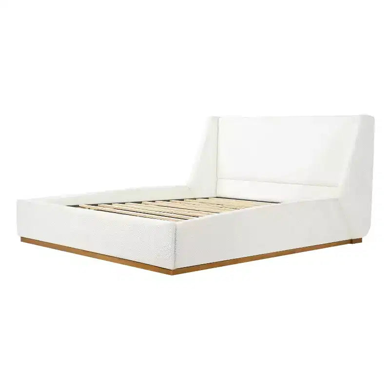 Lit plateforme capitonné de luxe avec tête de lit à oreilles, cadre de lit Queen/King Size avec pieds en bois d'hévéa massif, blanc