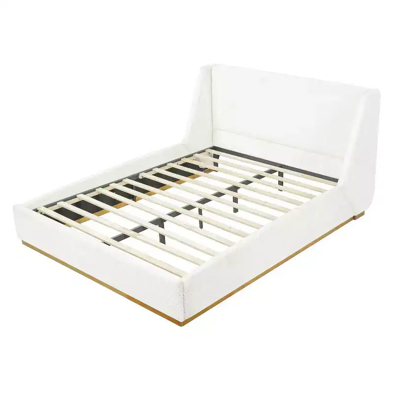 Lit plateforme capitonné de luxe avec tête de lit à oreilles, cadre de lit Queen/King Size avec pieds en bois d'hévéa massif, blanc