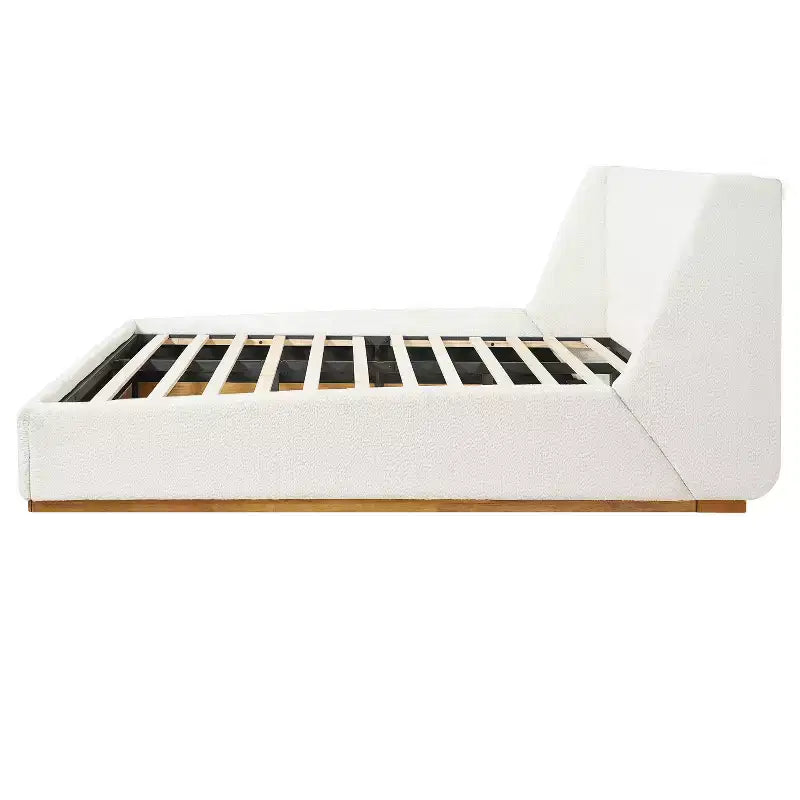 Lit plateforme capitonné de luxe avec tête de lit à oreilles, cadre de lit Queen/King Size avec pieds en bois d'hévéa massif, blanc
