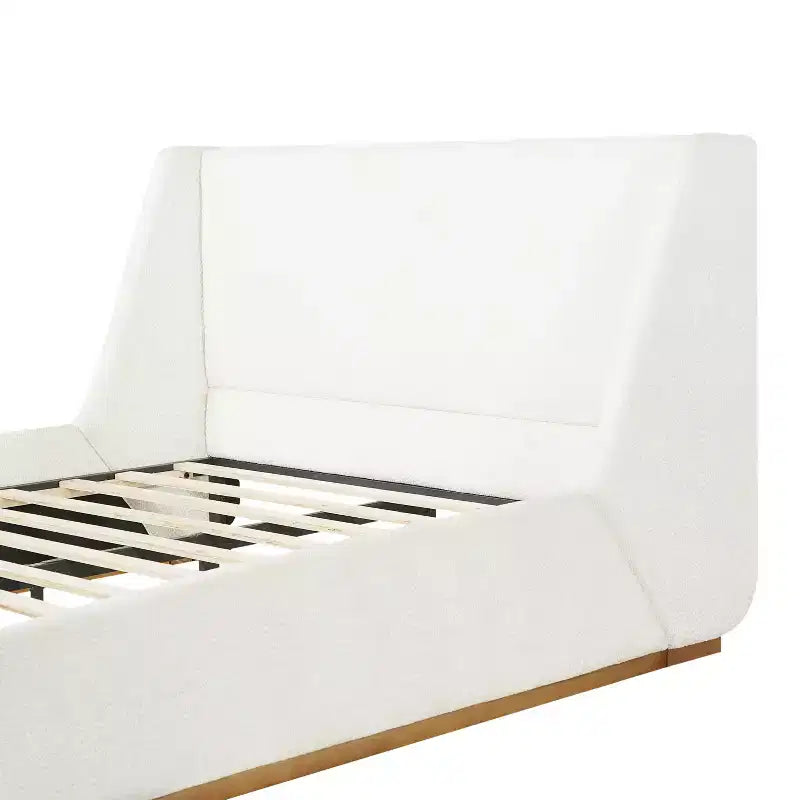 Lit plateforme capitonné de luxe avec tête de lit à oreilles, cadre de lit Queen/King Size avec pieds en bois d'hévéa massif, blanc