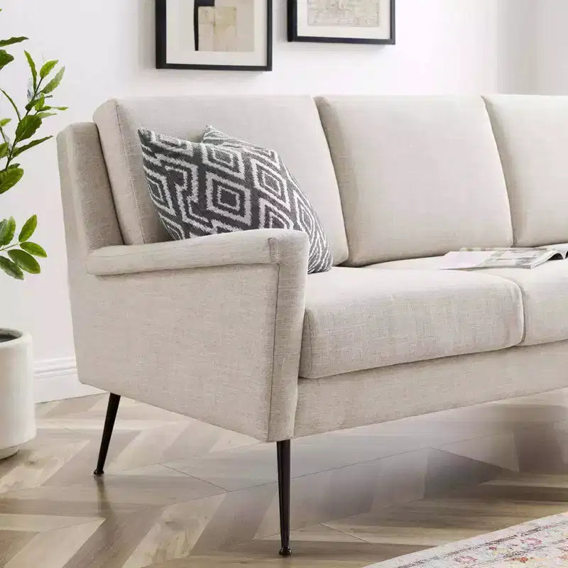 Canapé en tissu noir/beige : revêtement en polyester, cadre en métal, style moderne, 3 places