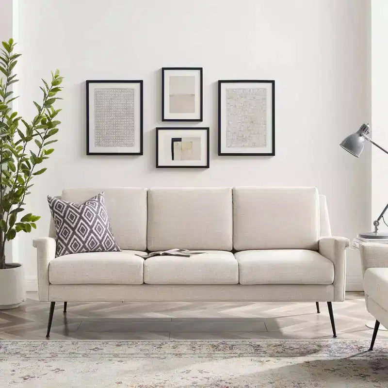 Canapé en tissu noir/beige : revêtement en polyester, cadre en métal, style moderne, 3 places