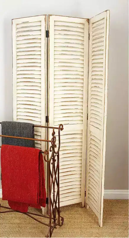 Paravent en bois style rustique, crème, 3 panneaux