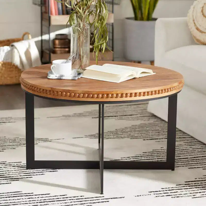 Table basse industrielle ronde en bois et métal, marron
