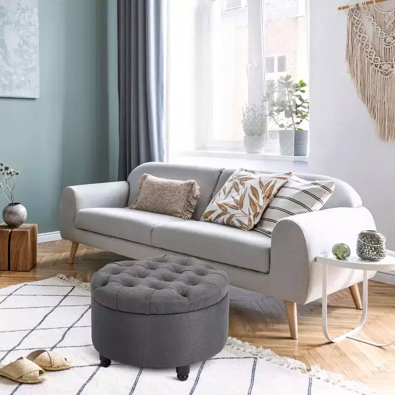 Pouf de rangement rond effet lin, capitonné, couvercle amovible, gris