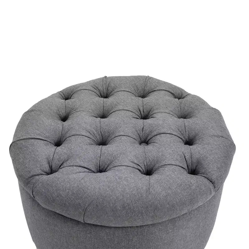 Pouf de rangement rond effet lin, capitonné, couvercle amovible, gris