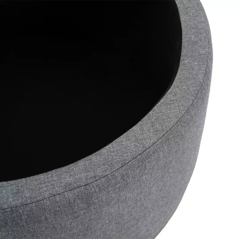Pouf de rangement rond effet lin, capitonné, couvercle amovible, gris