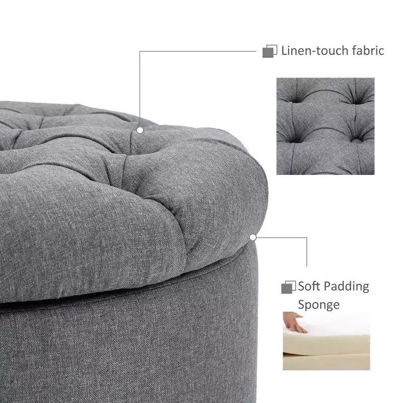Pouf de rangement rond effet lin, capitonné, couvercle amovible, gris