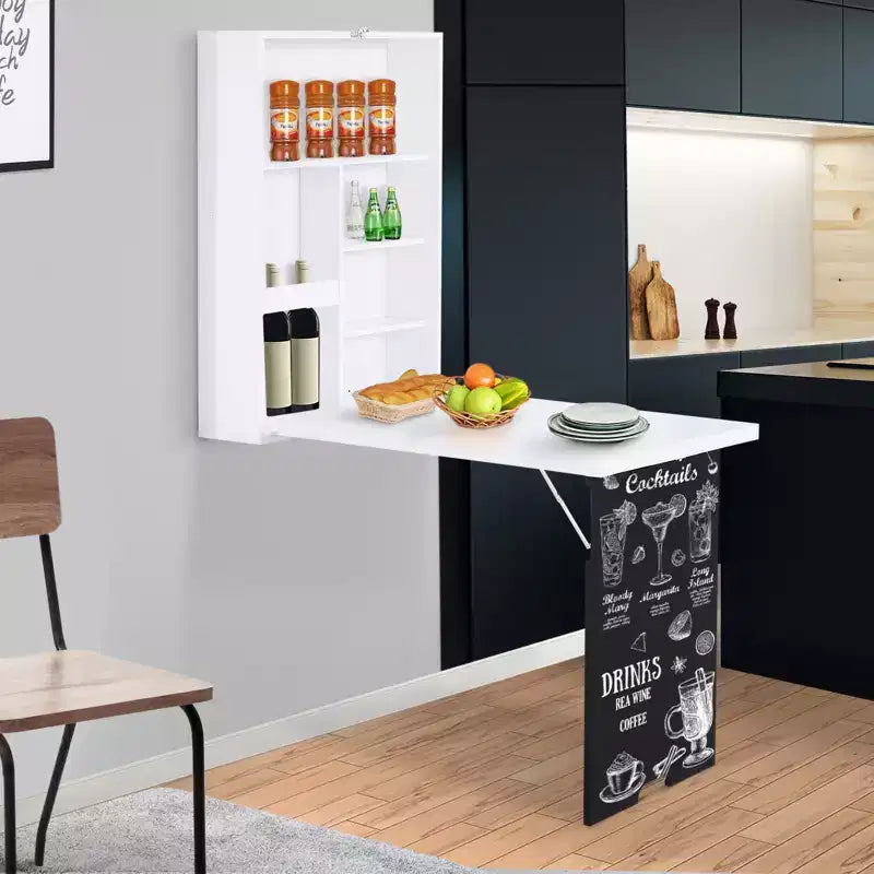 Bureau mural pliable avec tableau noir et étagères, blanc