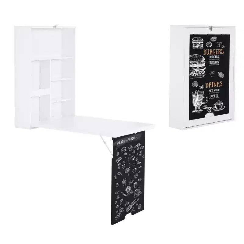 Bureau mural pliable avec tableau noir et étagères, blanc
