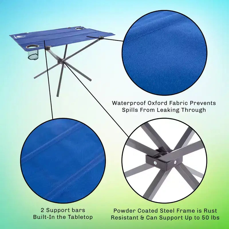 Table de camping pliante d'extérieur avec 2 porte-gobelets et sac de transport, bleue