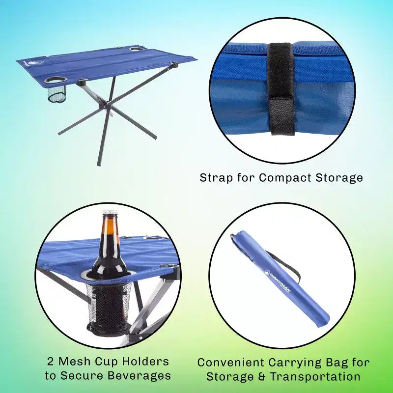 Table de camping pliante d'extérieur avec 2 porte-gobelets et sac de transport, bleue
