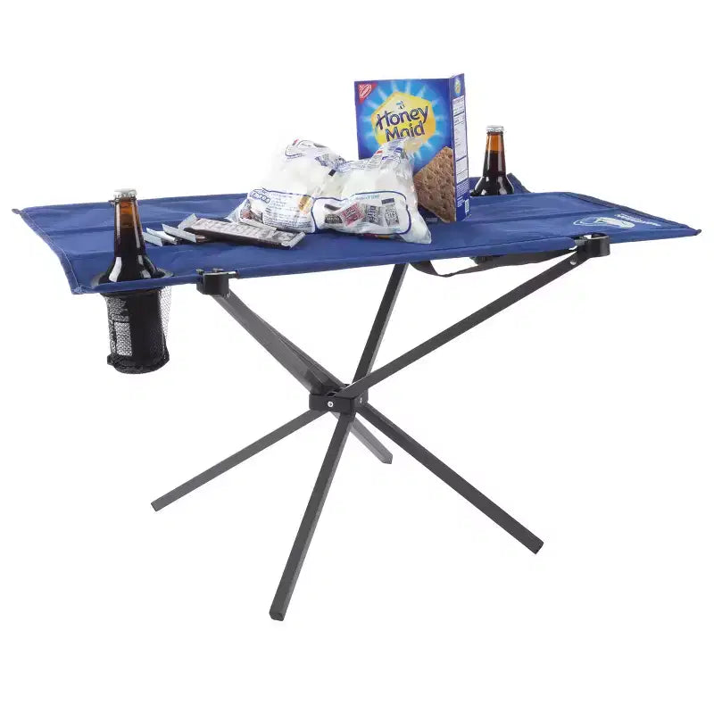 Table de camping pliante d'extérieur avec 2 porte-gobelets et sac de transport, bleue