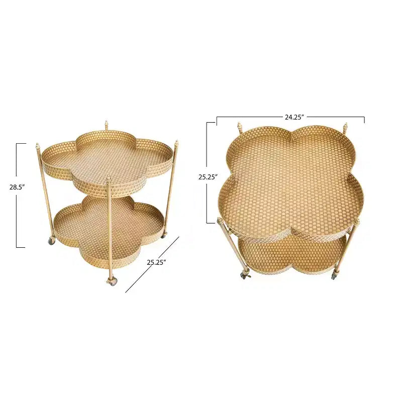 Desserte de bar à roulettes en métal martelé à 2 niveaux en forme de trèfle