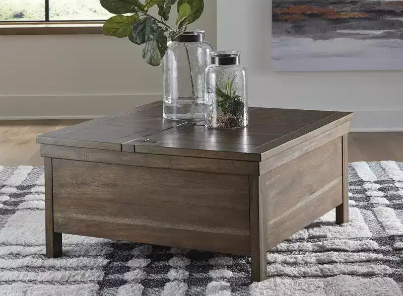 Table basse rustique relevable avec rangement dissimulé, marron clair