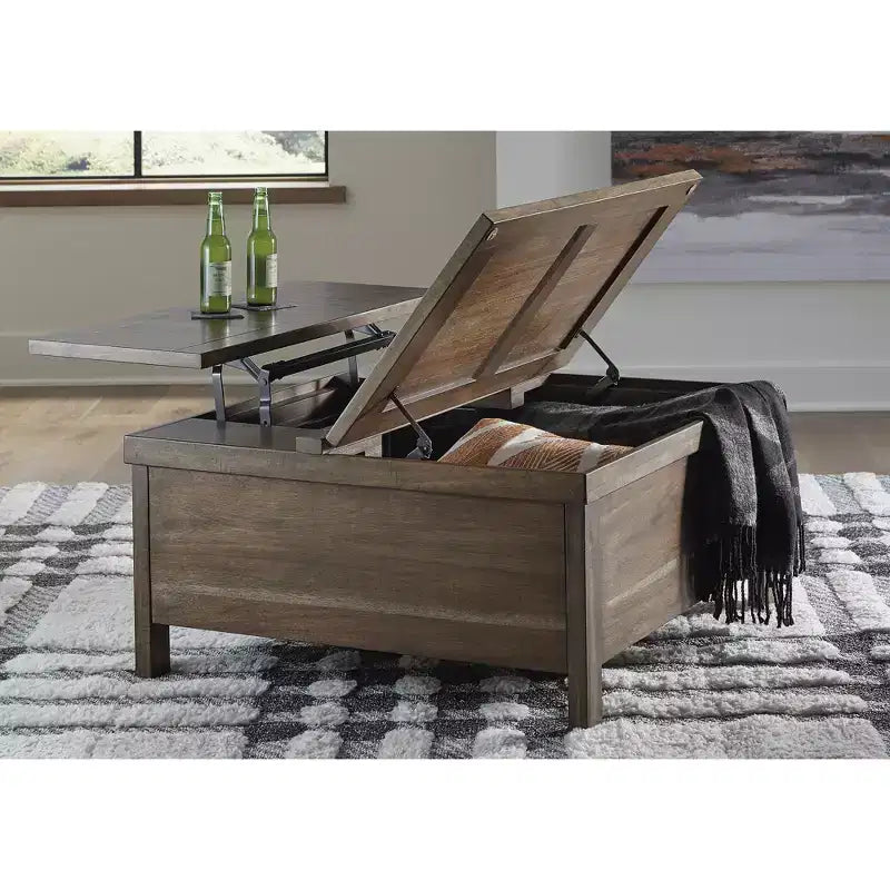 Table basse rustique relevable avec rangement dissimulé, marron clair