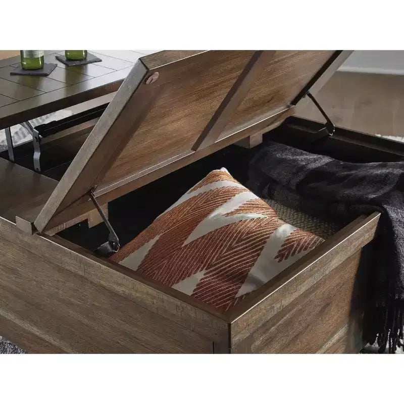 Table basse rustique relevable avec rangement dissimulé, marron clair