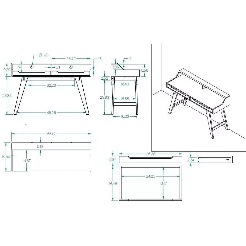 Bureau moderne 2 tiroirs avec cadre en pin