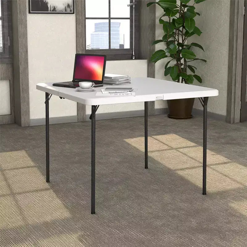 Table pliante carrée avec poignée, blanche